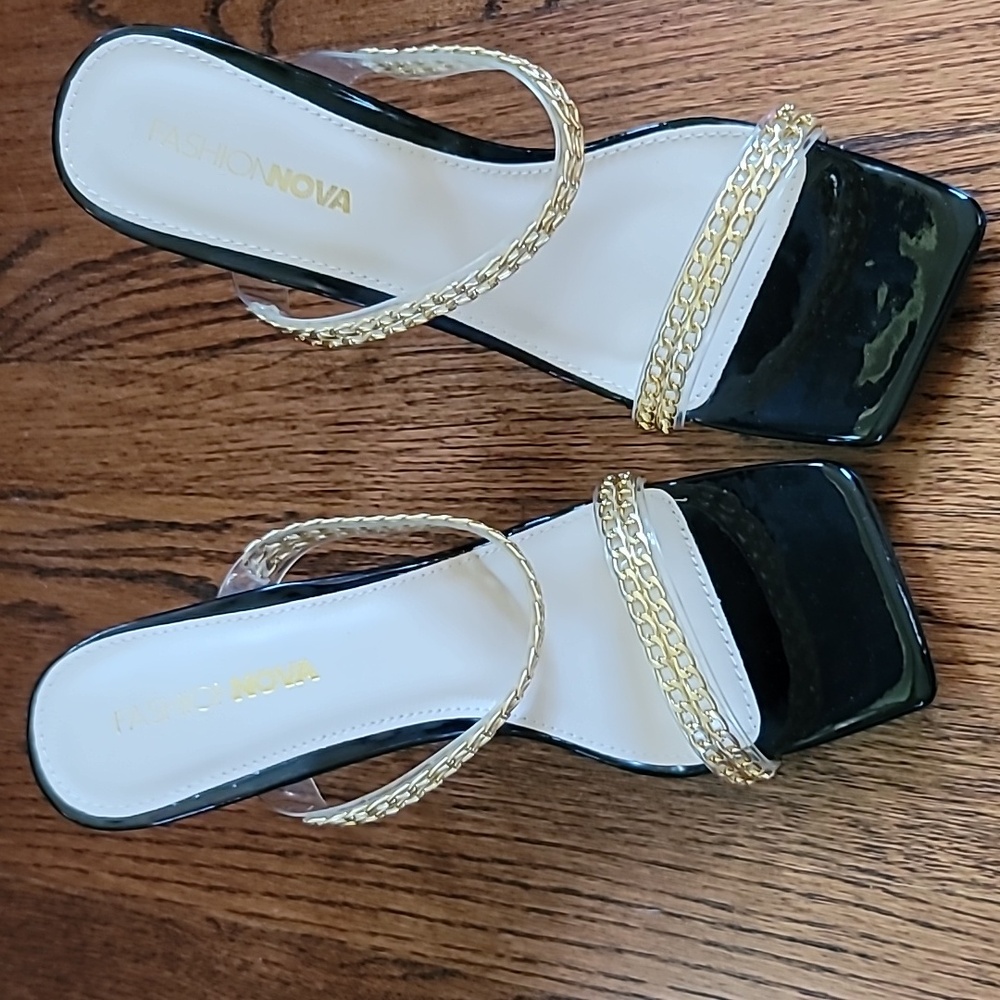 Fashion Nova Black Heels with Gold Straps